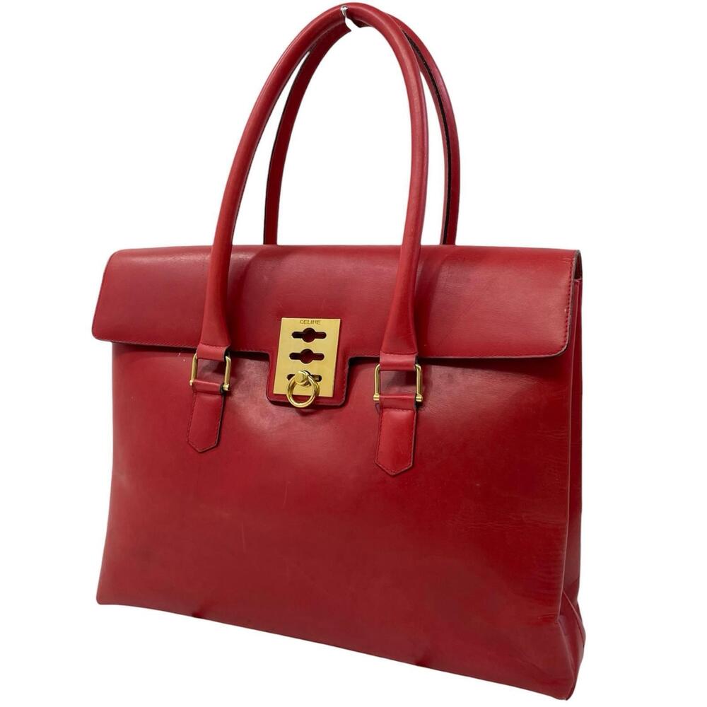 Celine red leather tote bag structured silhouette dual shoulder straps